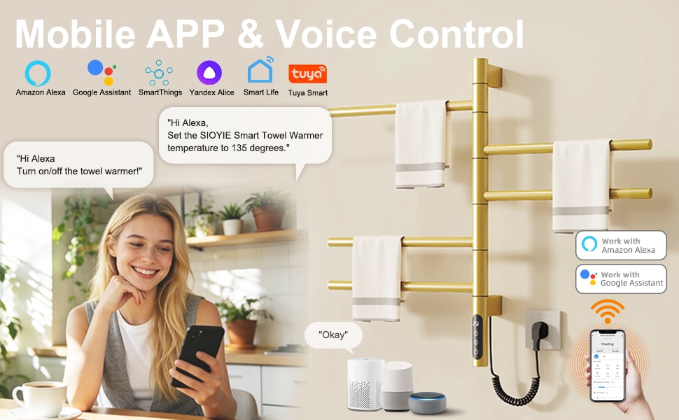 SIOYIE Smart Rotating Heated Towel Rack For Bathroom, Wall-Mounted Electric Towel Dryer With Swivel Bars, Smart Timer, Low Carbon Steel, IPX5, Plug-in/Hardwired, Towel Warmer With Wi-Fi App ControlW_voghion.com